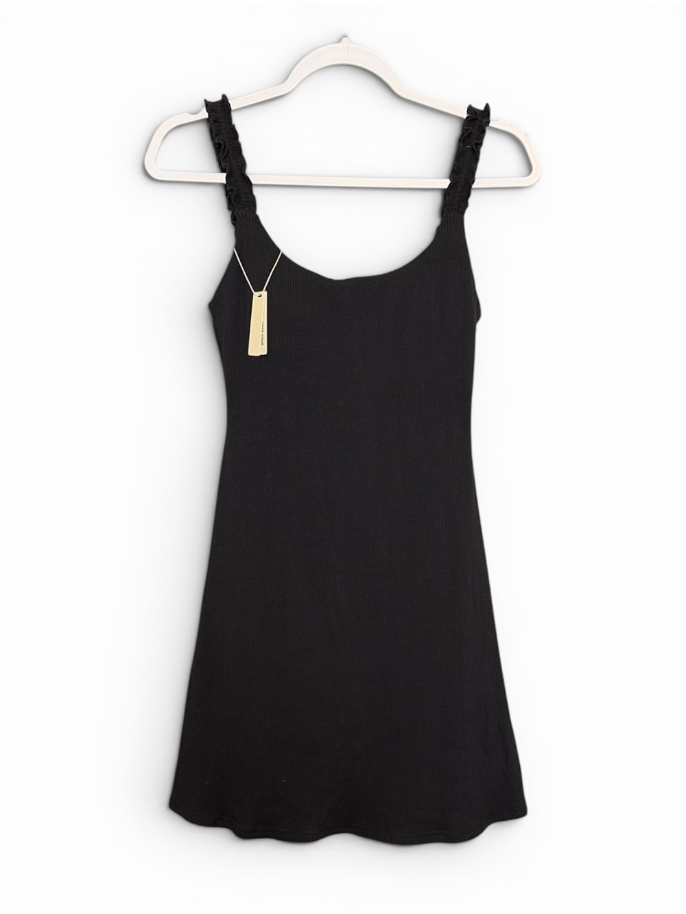 New OGL Black Ribbed black mini dress with attached jumpsuit. Size Small